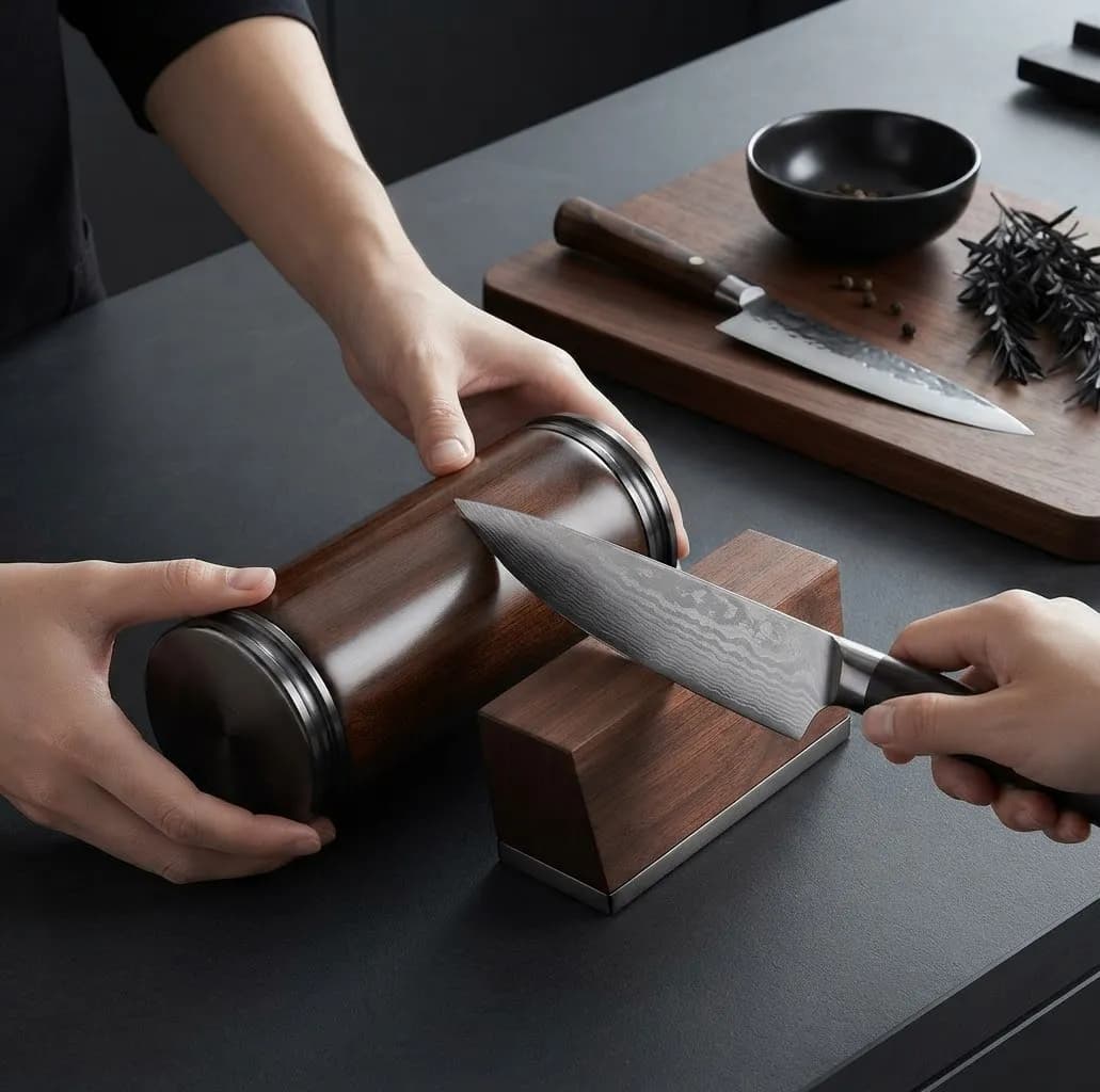 Chef sharpening on dark slate counter